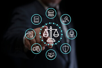 Man hand interacts with digital icons representing law and justice, symbolized by a scale, Justice,...