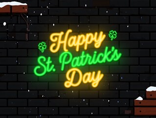 Obraz premium Happy St Patricks Day neon sign on brick wall with snow
