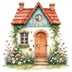 Fototapeta premium Spring Cottage Watercolor Clipart: Red Roof, Pastel Blooms, Mint Green & Terracotta Home. Isolated Illustration on White, High-Res PNG.