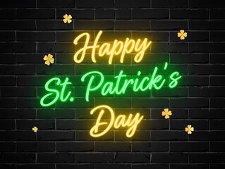 Obraz premium Happy St Patricks Day neon sign on brick wall with shamrocks