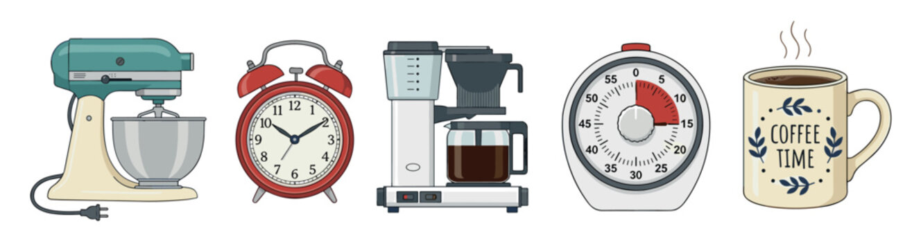 Set of five illustrated kitchen items including a stand mixer, red alarm clock, drip coffee maker, mechanical timer, and a steaming mug of coffee in a cute, retro style