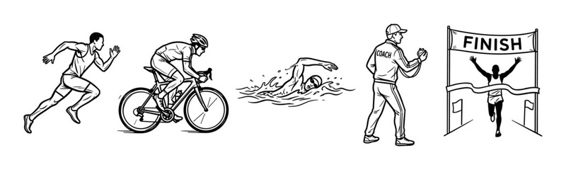 Naklejka premium Set of hand-drawn triathlon sport illustrations showing a runner, cyclist, swimmer, coach, and a winner crossing the finish line in a simple black and white sketch style