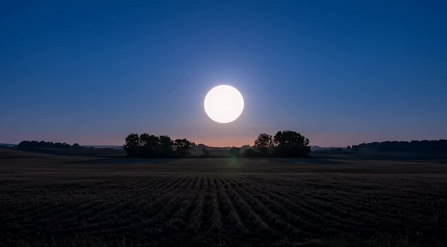 Stunning full moon rising over a dark, tranquil rural landscape with visible crop rows under a deep blue night sky, creating a serene and mystical atmosphere.