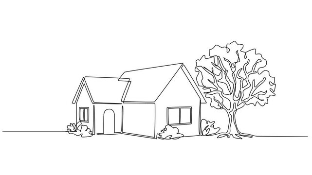 animated continuous line drawing of simple single family home, line art animation