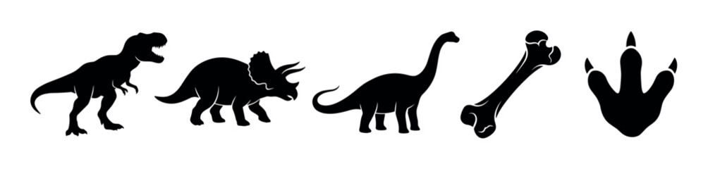 Obraz premium Set of black dinosaur vector silhouettes including a carnivorous predator, a horned herbivore, a long-necked sauropod, a fossilized bone, and a large footprint icon for design