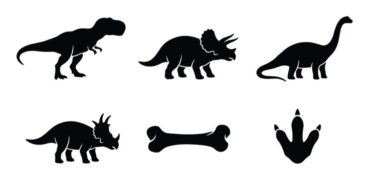 Collection of six black dinosaur icons featuring a T-Rex, Triceratops, Brachiosaurus, a fossilized bone, and a large footprint, presented as a simple vector illustration set