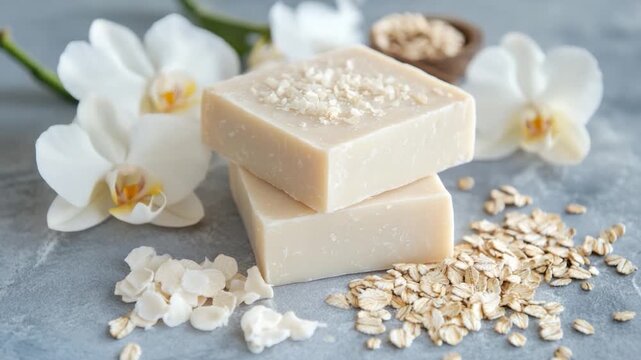 Two stacked square soaps with flower and oats. Top soap decorated. Light colored surface with various textures