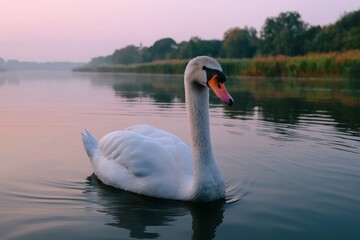 Graceful swan glides calm lake at dawn