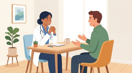 Fototapeta premium Woman doctor talking with man patient in medical office. Physician consulting client during appointment. Healthcare professional providing support and diagnosis in clinic. Medical care concept.