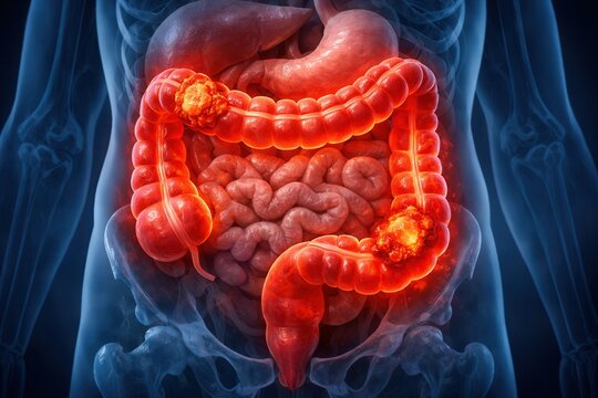 Human colon anatomy with highlighted colorectal cancer tumors in medical digestive system illustration