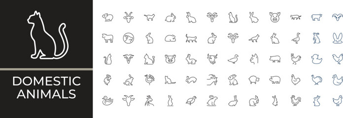 Domestic animals icons set. Thin line animal icon collections. Simple vector icons. farm and hunting animals. Editable vector stroke. © Usama Zahoor