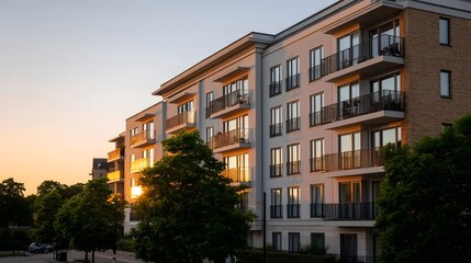 Obraz premium A modern residential apartment building facade bathed in the warm glow of golden hour light with green trees in the foreground