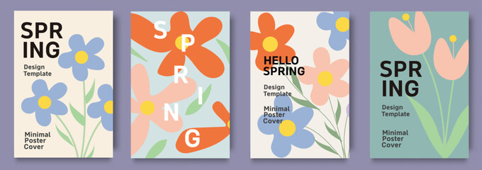 Spring season posters with flowers leaves pastel colors modern floral design greeting cards © Oksana Kalashnykova