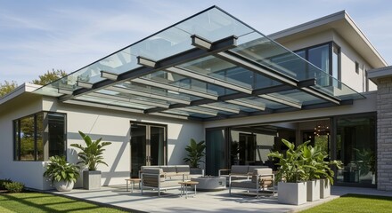 Fototapeta premium Modern House with Glass Canopy and Lush Greenery in Bright Afternoon Light