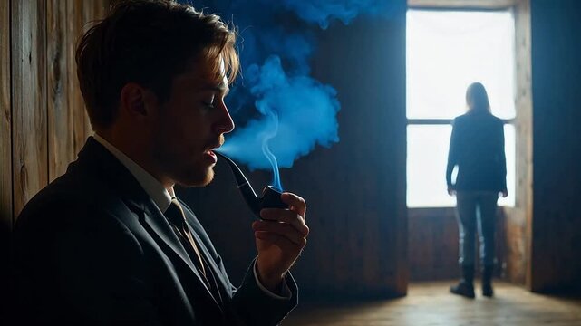 Man in suit smoking pipe with woman in background