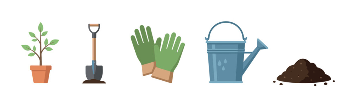 Set of gardening tools and equipment including a sapling, shovel, gloves, watering can, and soil, presented as a flat vector illustration for horticulture or planting concepts