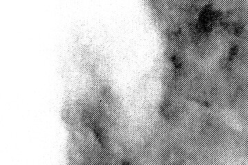 Fototapeta na wymiar Macro halftone print of cloudy sky with a bright vertical light beam, drawn in diagonal black lines on a transparent background.