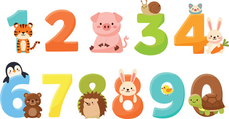 Cute Animal Numbers Vector Illustration Featuring Cartoon Wildlife Characters with Colorful Digits for Kids Learning © Sukhi