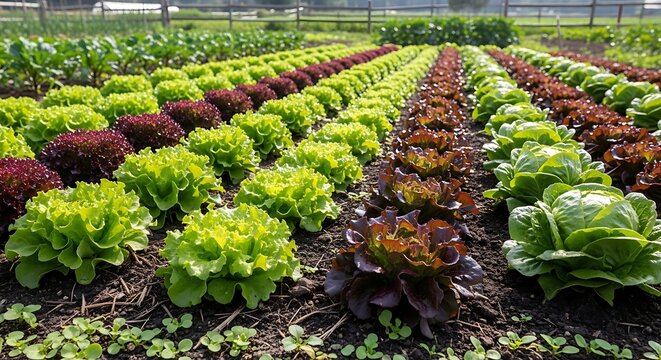 Rows of fresh green and red lettuce growing in an outdoor garden setting