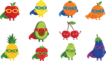 Cute Superhero Fruit Characters Vector Illustration Set Featuring Apple Lemon Orange Avocado Pineapple and Berry Mascots