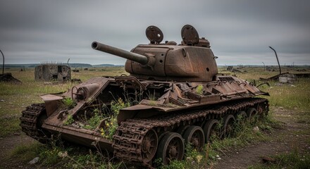 Fototapeta premium Abandoned Rusty Military Tank in Overgrown Field