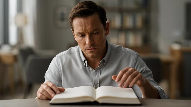 An introspective man in a shirt carefully reading a blank notebook