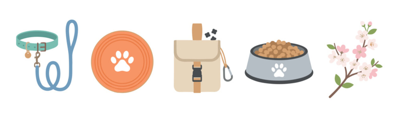 Illustrated dog walking and feeding accessories set with a collar, leash, frisbee, treat bag, food bowl, and a blooming flower branch on display