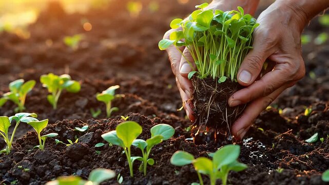Hands planting seedlings in soil