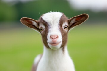 Fototapeta premium Baby brown-and-white goat kid headshot in a green pasture, curious gentle expression, close-up portrait capturing innocence and charm