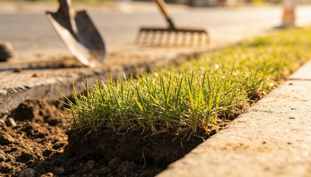 Closeup of new sod installation after telecom trench restoration along a roadside grass verge highlighting grass blades while nearby road and tools fade into the background.