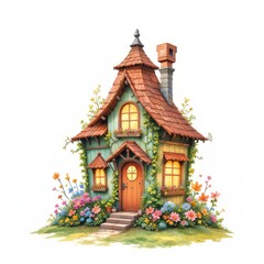 Fototapeta premium Springtime Lantern Home: Whimsical Watercolor House Clipart with Flowers, Glowing Windows, in Mint Green and Terracotta Isolated on White