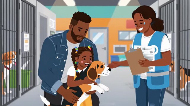 Animated african american family adopts a dog at animal shelter happy volunteer tears of joy