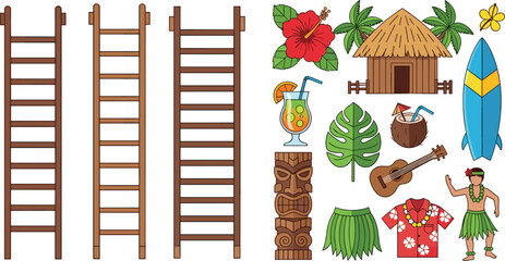 Hawaiian Tropical Elements Vector Illustration Set with Wooden Ladders Tiki Mask Surfboard Hula Dancer and Island Decor © Sukhi
