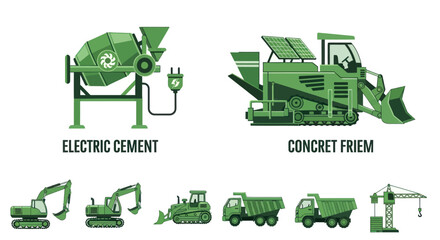 Green Construction Vehicles: Cement Mixer Concrete Finisher Excavators Bulldozer Dump Trucks Crane. © Roti