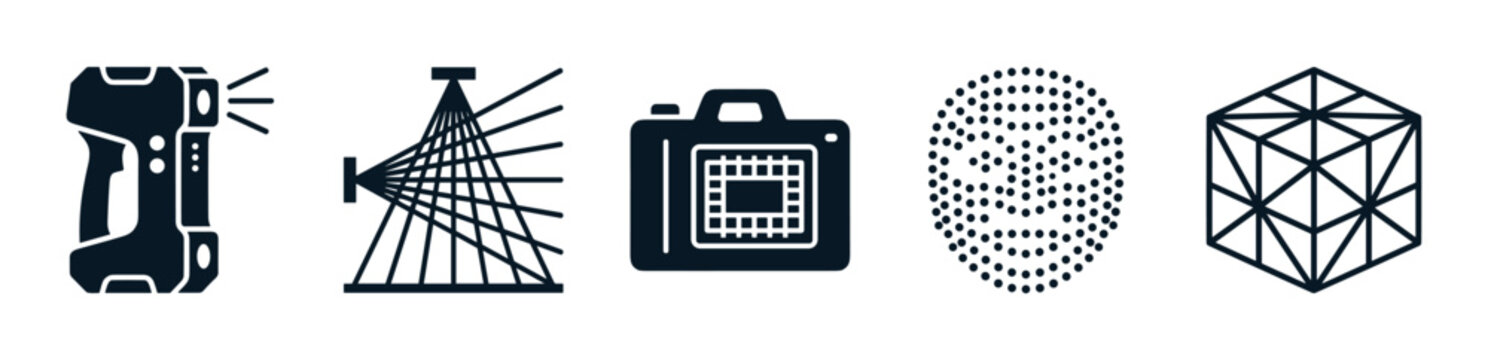 Set of 3D scanning technology icons showing a handheld scanner, laser projection, a sensor, a point cloud, and a wireframe mesh model in a minimalist graphic style