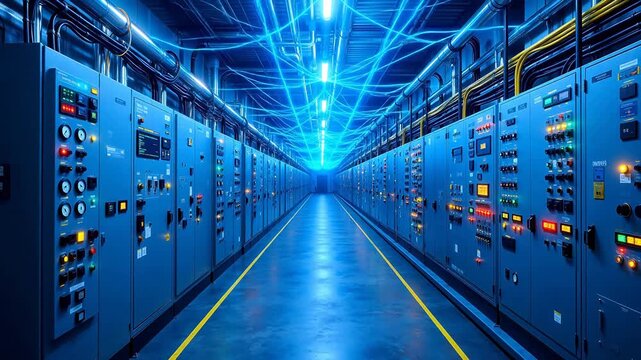 Control room with rows of electrical panels