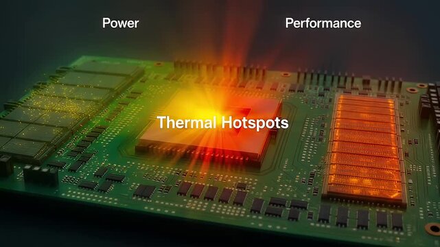 Close up of a computer motherboard highlighting power, performance, and thermal hotspots