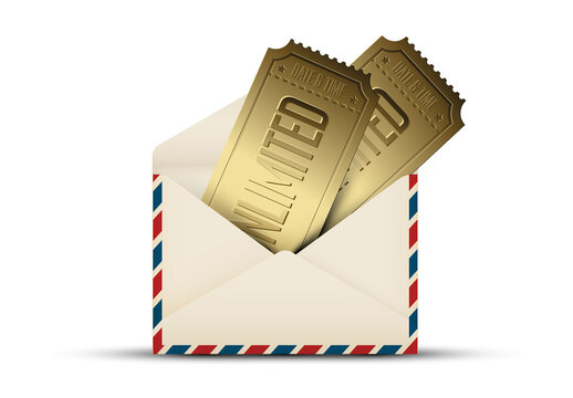 Two Golden Unlimited Tickets inside an Open Vintage Airmail Envelope