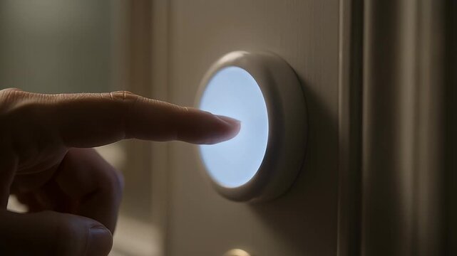 Finger pressing a modern illuminated doorbell button in soft ambient lighting