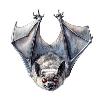 Watercolor spooky bat with red eyes and spread wings for Halloween