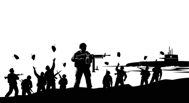 Silhouette soldiers celebrate victory with grenades and a submarine offshore