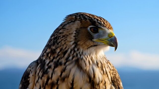Close up of a bird of prey against a bright blue sky background