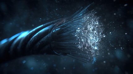Close-up view of a translucent silica fiber optic cable bundle carrying light and data, showcasing high-speed connectivity.