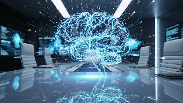 Abstract Digital Brain Illustration in a Modern Conference Room, Representing Innovation and Future Technology