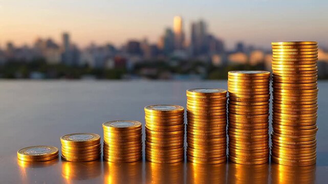 Stacks of coins with city skyline