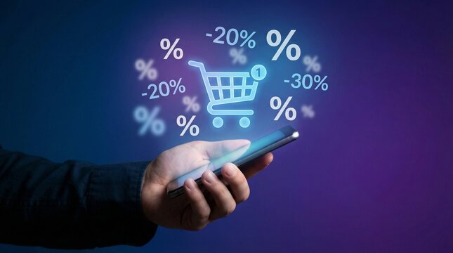 Hand holding a phone with shopping cart and percentage symbols in the concept of sale, discount, and online shopping.