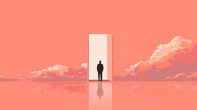 A Man Stand Before a Doorway to Opportunity in a Dreamlike Landscape