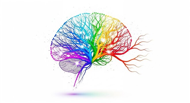 Colorful mind map depicting brain with diverging branches 