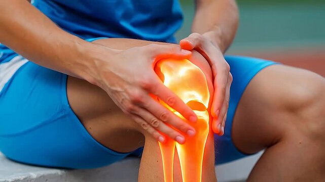Person holding knee with glowing bone image