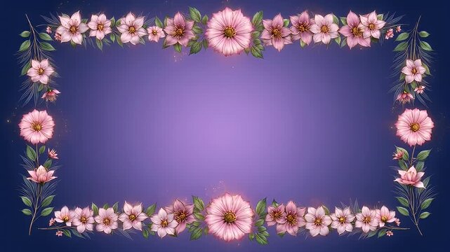 Elegant floral border frame with pink flowers and purple gradient background